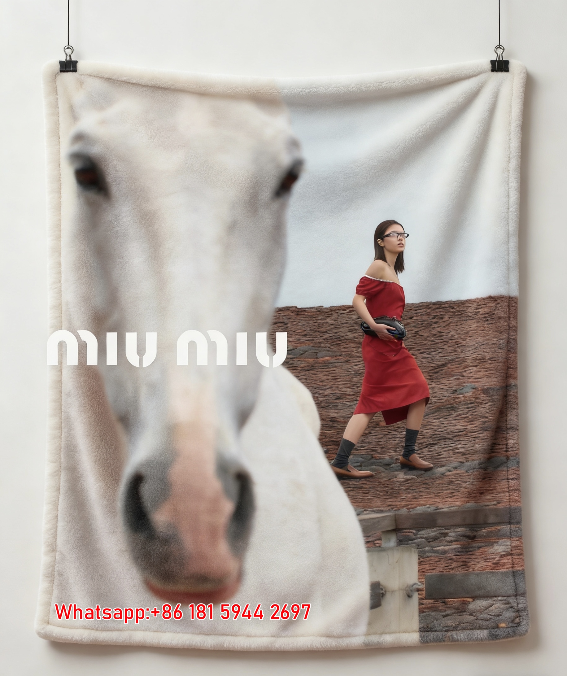 Miu Miu White Horse & Red Dress Print Flannel Sofa Throw Blanket IMG_0646